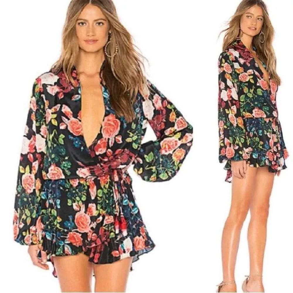ROCOCO SAND Black Floral Wrap Mini DRESS Long Sleeve Cocktail Cottagecore Sz XS